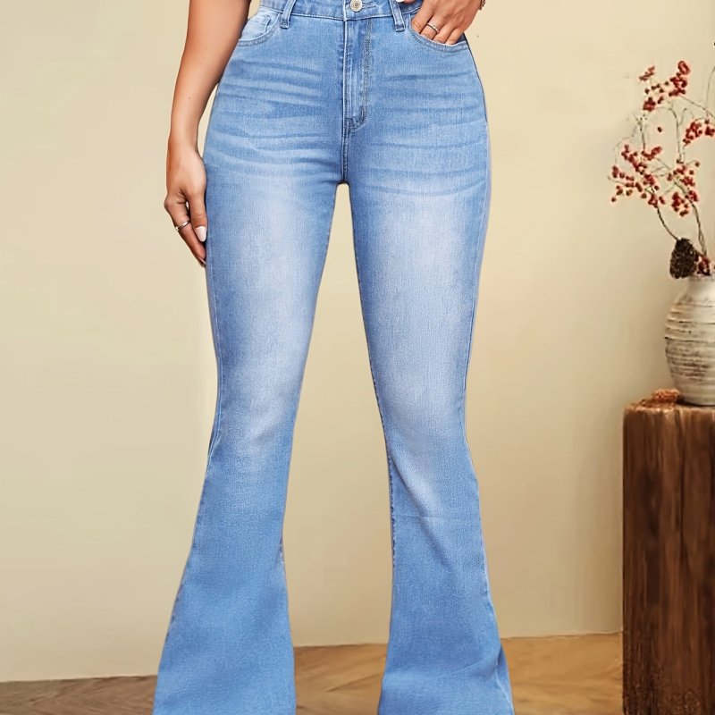 Women'S High-Waist Flare Jeans, Snowflake Fashion All-Season Casual Comfort, Rayon Blend (70% Rayon, 27% Polyester, 2% Spandex), Solid Color, High Stretch Fabric, Button Detail, Woven, 380g\u002Fm² - Versatile Flare Leg Pants