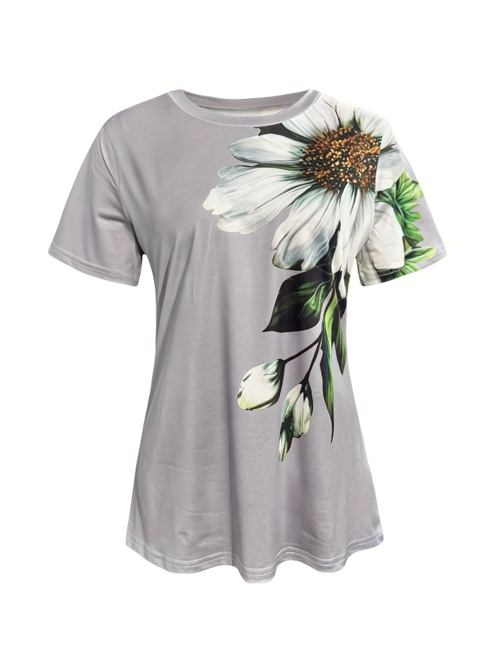 Spring And Summer Stylish Mom Commuting Vacation Floral Print Round Neck T-Shirt