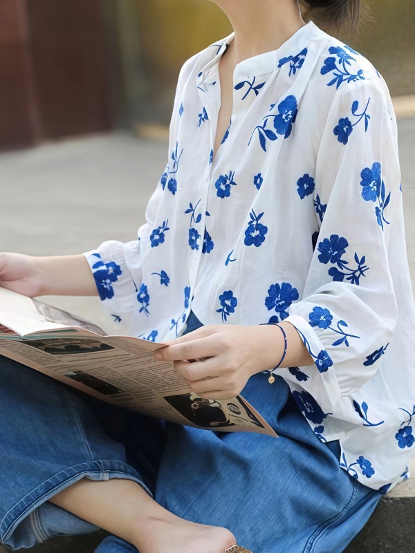 Women'S Vintage-Style Floral Print Blouse with Mandarin Collar - Lightweight, Short Sleeve, Button-Up Top for Spring\u002FSummer, Casual Attire, Casual Attire|Vintage Style Top|Mandarin Collar Shirt