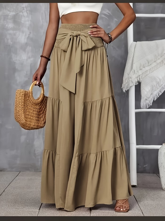 Women's Elegant Wide-Leg Pants with Tie Waist - High Rise, Flowing Design, Solid Beige Color, Polyester Fabric, Machine Washable, All-Season Comfort