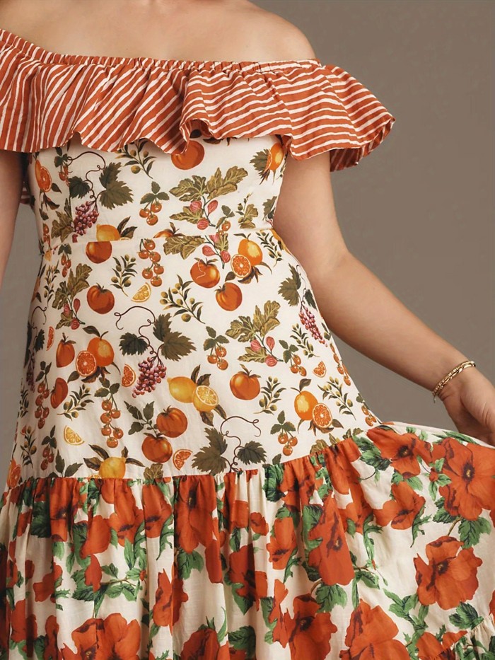 Women Off-shoulder Dress, Sleeveless Striped Fruit Flower Print Cocktail Dress Summer Long Dress