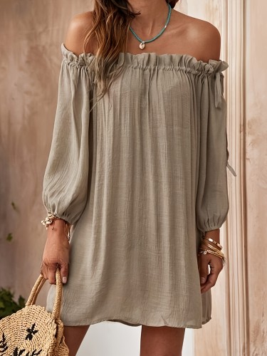 Summer Vacation Off the Shoulder Long Sleeve Brief A-Line Pendulum Dress, Polyester, Solid Color, Frill, for Adult Women