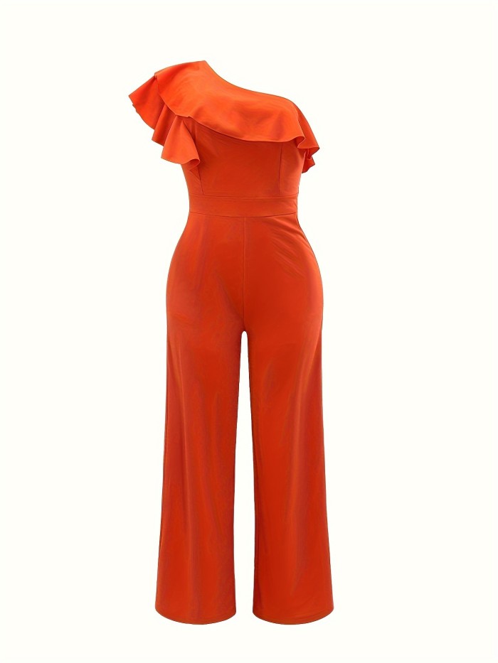 High Waist One-Shoulder Ruffle Jumpsuit for Women - Loose Fit, Solid Color, Perfect for Spring\u002FSummer\u002FFall