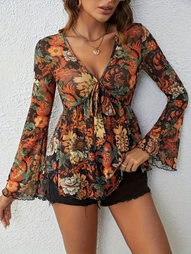 Elegant Floral V-Neck Blouse for Women - Long Sleeve, Semi-Sheer, Machine Washable, Perfect for Spring\u002FSummer Vacations, Vacation Clothing | Flowy Fabric Top | Semisheer Material, Floral Print Blouse