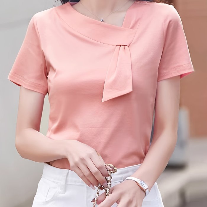Elegant Peach Women's Blouse with Tie-Front Detail - Slim Fit, Short Sleeve, Polyester & Elastane Blend, Machine Washable - Perfect for Spring & Summer, Casual or Office Wear