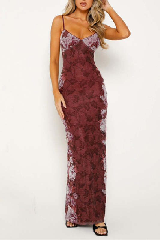 Sexy Flowers Patchwork Contrast V Neck One Step Skirt Dresses