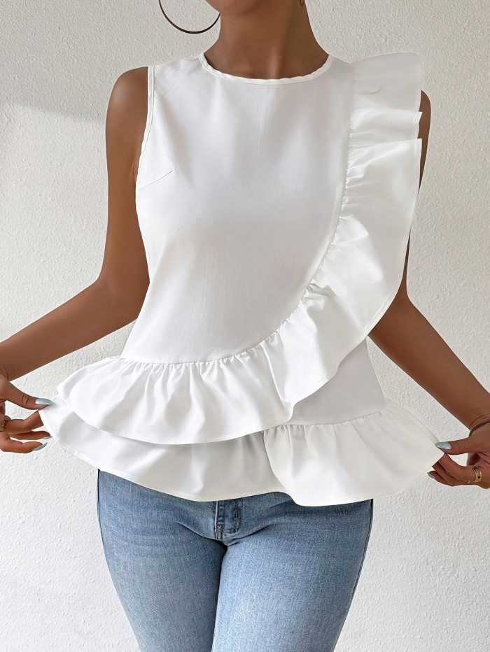1pc Raffinéa Women's Sleeveless Summer Top, Solid Color Polyester Crew Neck with Ruffle Hem Detail, Woven Casual Shirt for All Seasons