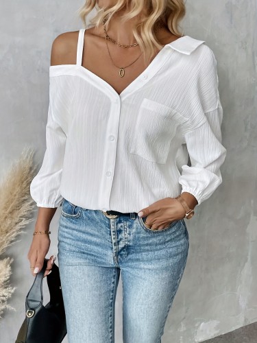 Asymmetrical Neck Women'S Fashion Elegant Off Shoulder Button Shirt, Polyester, Solid Color, 100g\u002Fm², Woven, for Adult