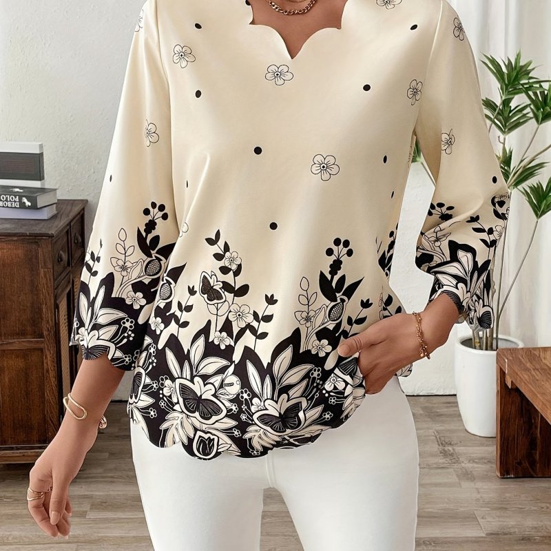 Elegant Floral Print Blouse for Women - V-Neck, 3\u002F4 Sleeve, Non-Stretch Polyester, Machine Washable, Black & White Floral Design, Perfect for Casual or Office Wear