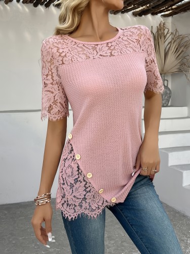 Elegant Pink Lace-Trimmed Knit Top for Women - Casual Chic Round Neck Short Sleeve Blouse with Button Detail, Breathable Polyester Blend, Machine Washable, Perfect for Spring & Summer