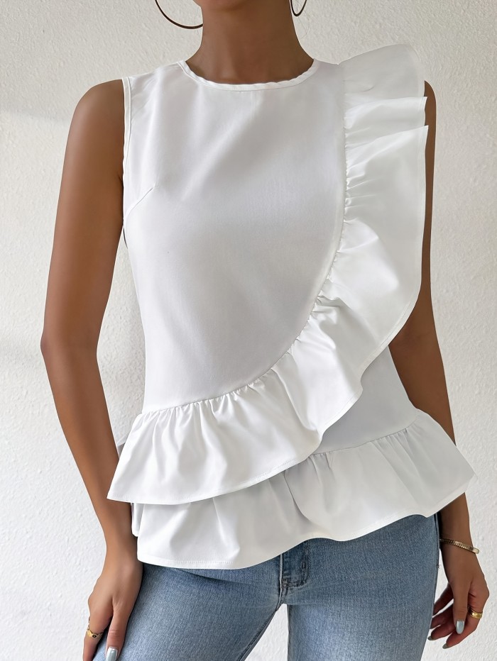1pc Raffinéa Women's Sleeveless Summer Top, Solid Color Polyester Crew Neck with Ruffle Hem Detail, Woven Casual Shirt for All Seasons