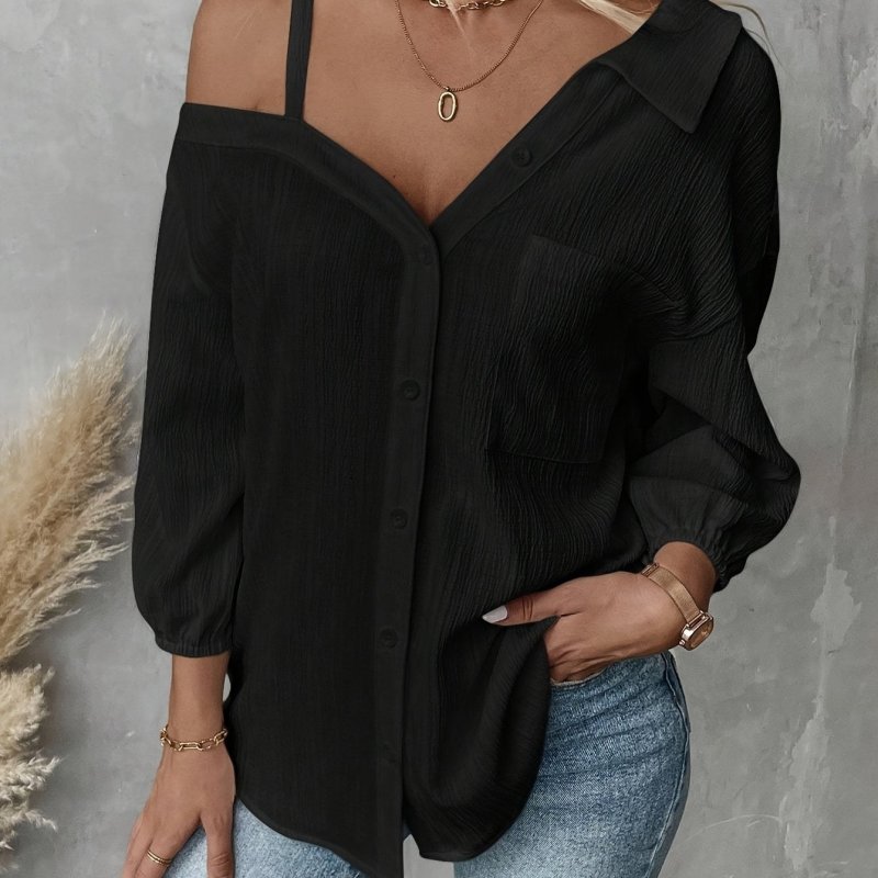 Asymmetrical Neck Women'S Fashion Elegant Off Shoulder Button Shirt, Polyester, Solid Color, 100g\u002Fm², Woven, for Adult