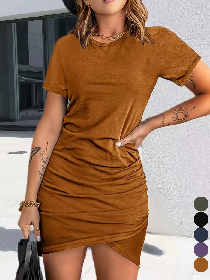 Purple Stretchy Casual - Women's Short Sleeve Round Neck Dress - Polyester Blend, Ruched Detail, Machine Washable, Perfect for Spring\u002FSummer, Versatile Fashion|Bodycon Silhouette|Detailed Ruched Waist