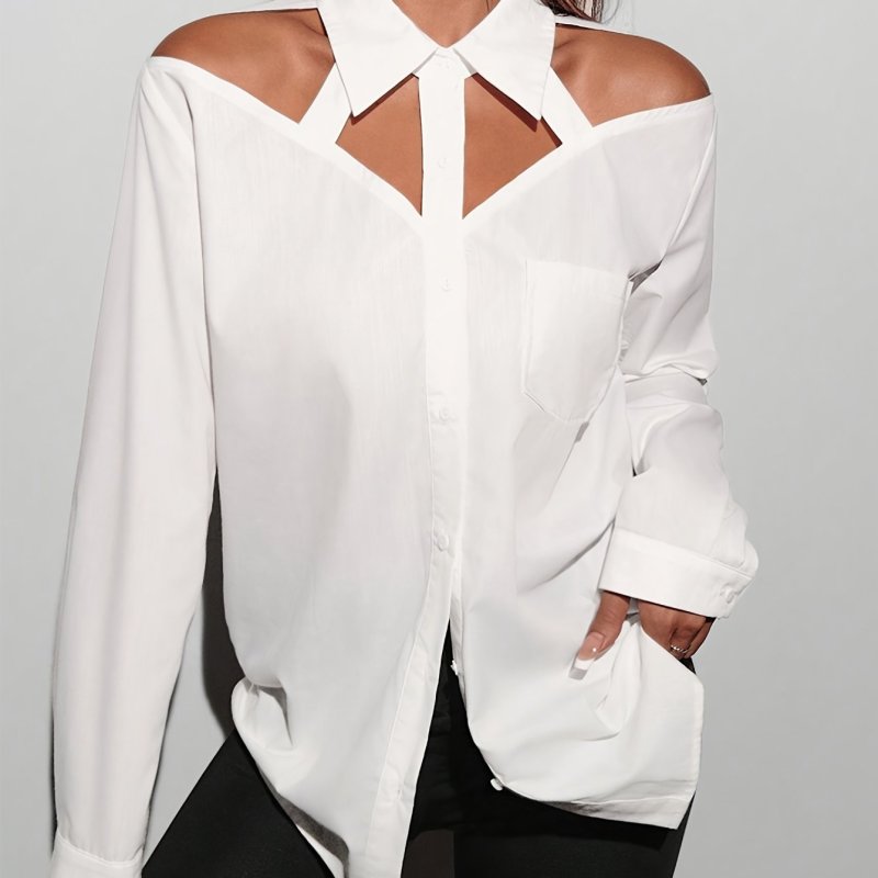 Cut Out Button Up Stylish Shirt, Casual Long Sleeve Loose Fit Shirt For Spring & Fall, Women's Clothing