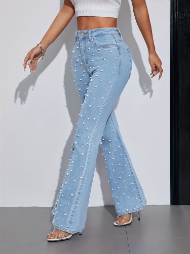 Women's Stylish Flared Jeans with Faux Pearl Embellishments, High-Waisted Comfortable Stretch Denim, Washed Finish for All Seasons, Elegant Casual Look, Chic Daywear | Modern Chic Jeans | Faux Pearl Detail