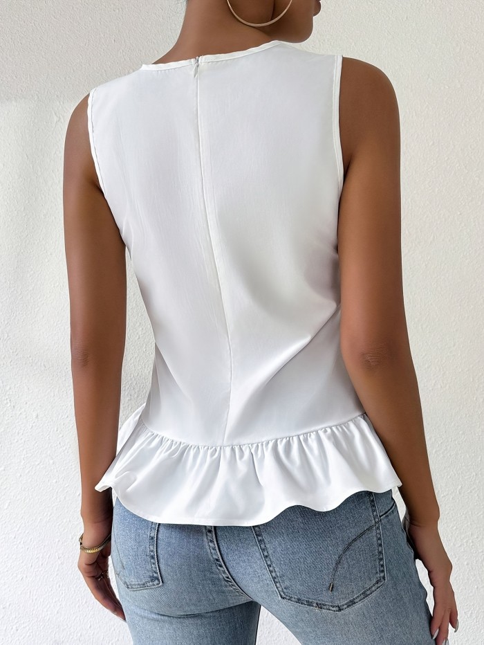1pc Raffinéa Women's Sleeveless Summer Top, Solid Color Polyester Crew Neck with Ruffle Hem Detail, Woven Casual Shirt for All Seasons