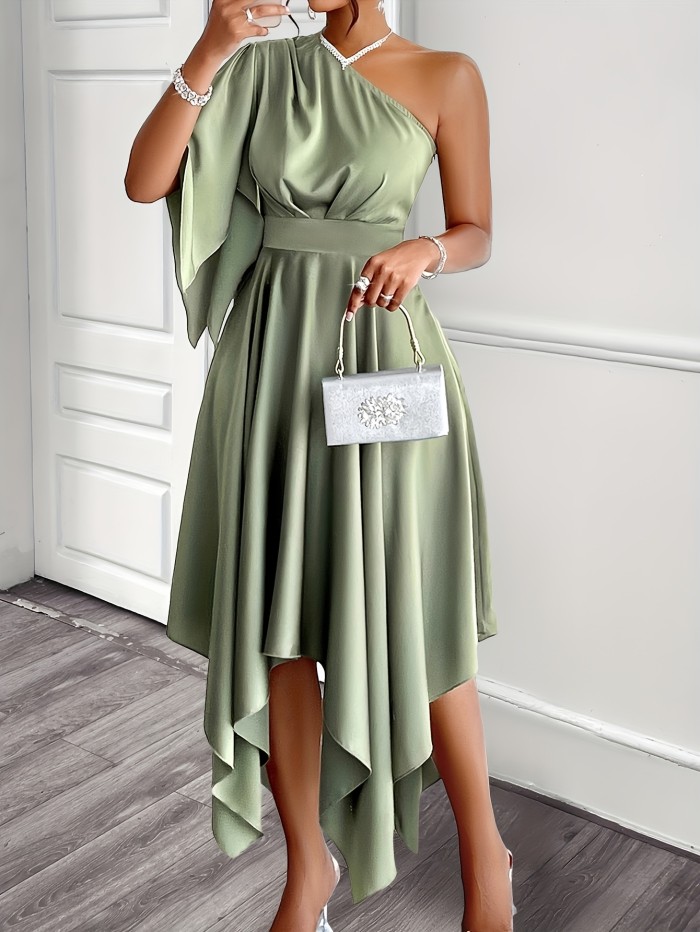 Women's Elegant Asymmetric One-Shoulder Satin Dress with Ruched Bodice & Flowy Skirt, A-Line Waist, Long Sleeves - Solid Color Machine Washable for Spring Summer Fall