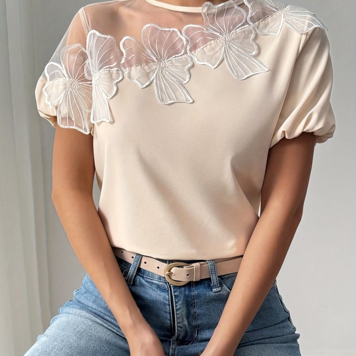 Women'S Elegant Floral Lace Blouse with Sheer Mesh Overlay and Puff Sleeves - Cream Color, Asymmetrical Hem, Perfect for Vacation, Commuting, Parties, Work, and Casual Wear, Party Blouse | Floral Lace Top | Blouses