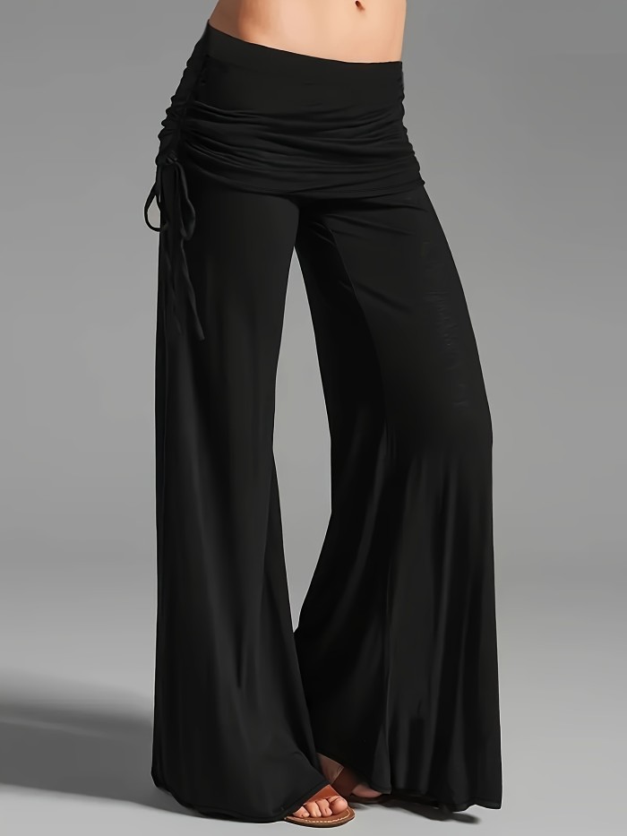 Women's Soft Polyester High-Waisted Wide Leg Pants - Black, Relaxed Fit, Drawstring, Machine Washable for All-Season Comfort