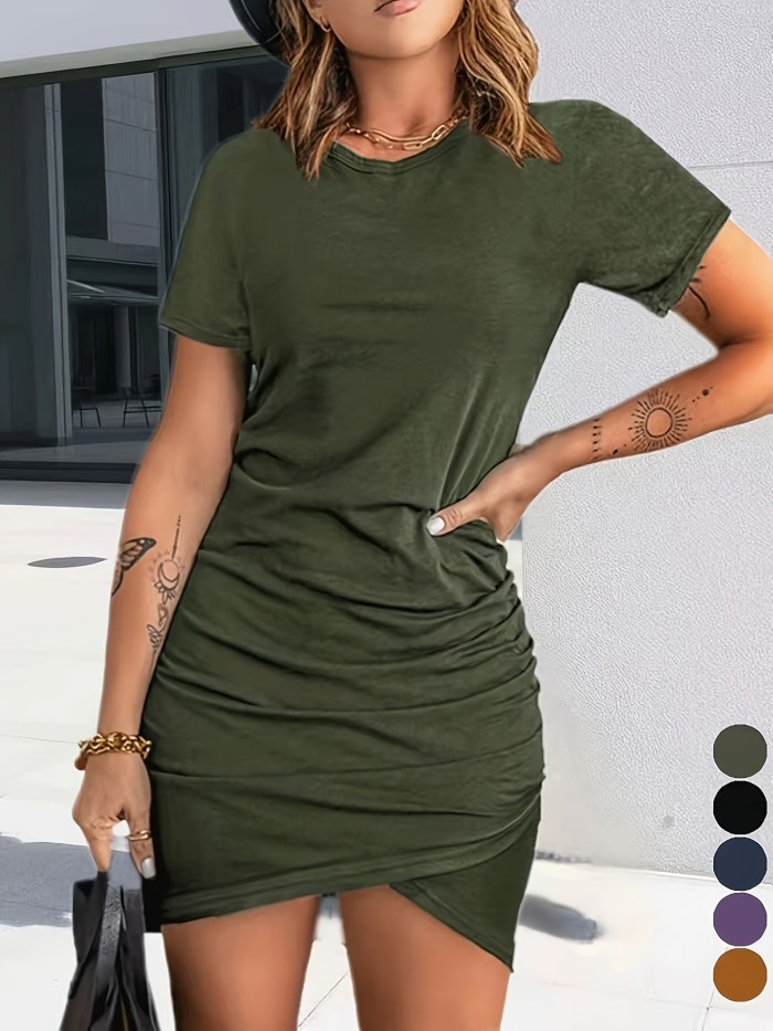 Purple Stretchy Casual - Women's Short Sleeve Round Neck Dress - Polyester Blend, Ruched Detail, Machine Washable, Perfect for Spring\u002FSummer, Versatile Fashion|Bodycon Silhouette|Detailed Ruched Waist