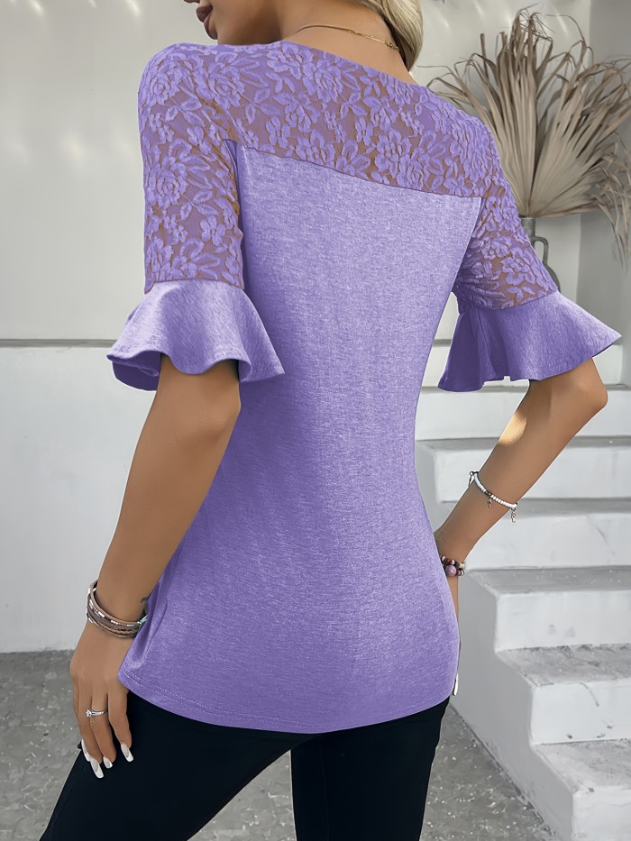 Women'S Elegant Pink Knit Top with Lace Detail and Ruffled Sleeves - Casual Crew Neck T-Shirt, All-Season Fashion, Sleeveless Tee | Lace Top | Knit Texture
