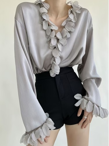 Long Sleeve Solid Color Elegant V-Neck Blouse - Machine Washable, Button Placket, Lace-Trim
