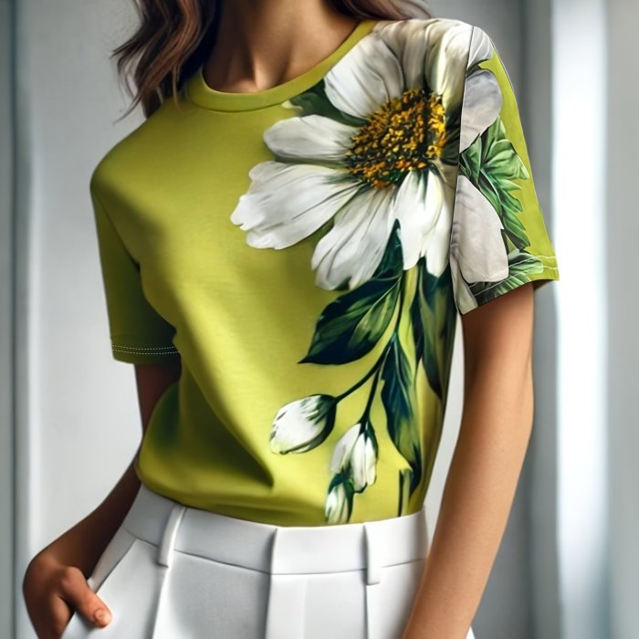 Spring And Summer Stylish Mom Commuting Vacation Floral Print Round Neck T-Shirt