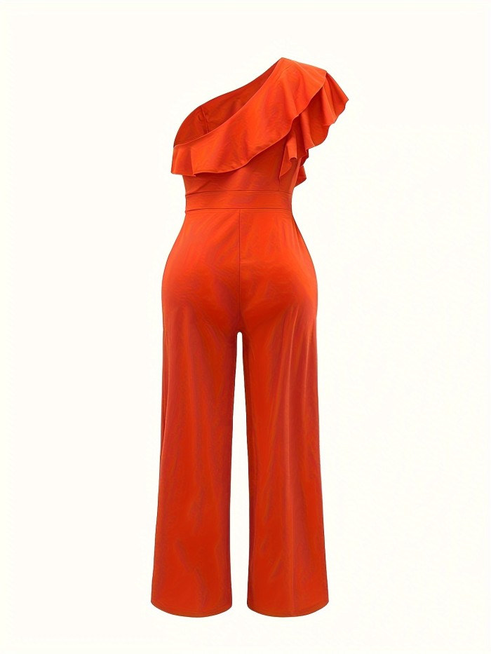 High Waist One-Shoulder Ruffle Jumpsuit for Women - Loose Fit, Solid Color, Perfect for Spring\u002FSummer\u002FFall