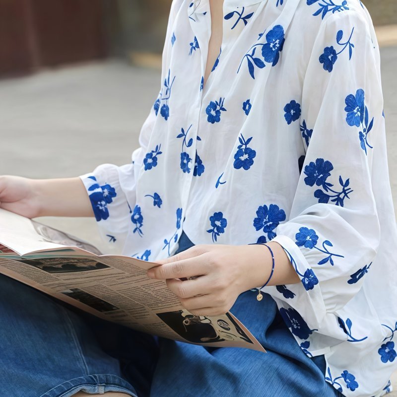 Women'S Vintage-Style Floral Print Blouse with Mandarin Collar - Lightweight, Short Sleeve, Button-Up Top for Spring\u002FSummer, Casual Attire, Casual Attire|Vintage Style Top|Mandarin Collar Shirt