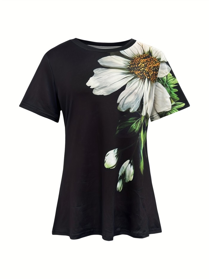 Spring And Summer Stylish Mom Commuting Vacation Floral Print Round Neck T-Shirt