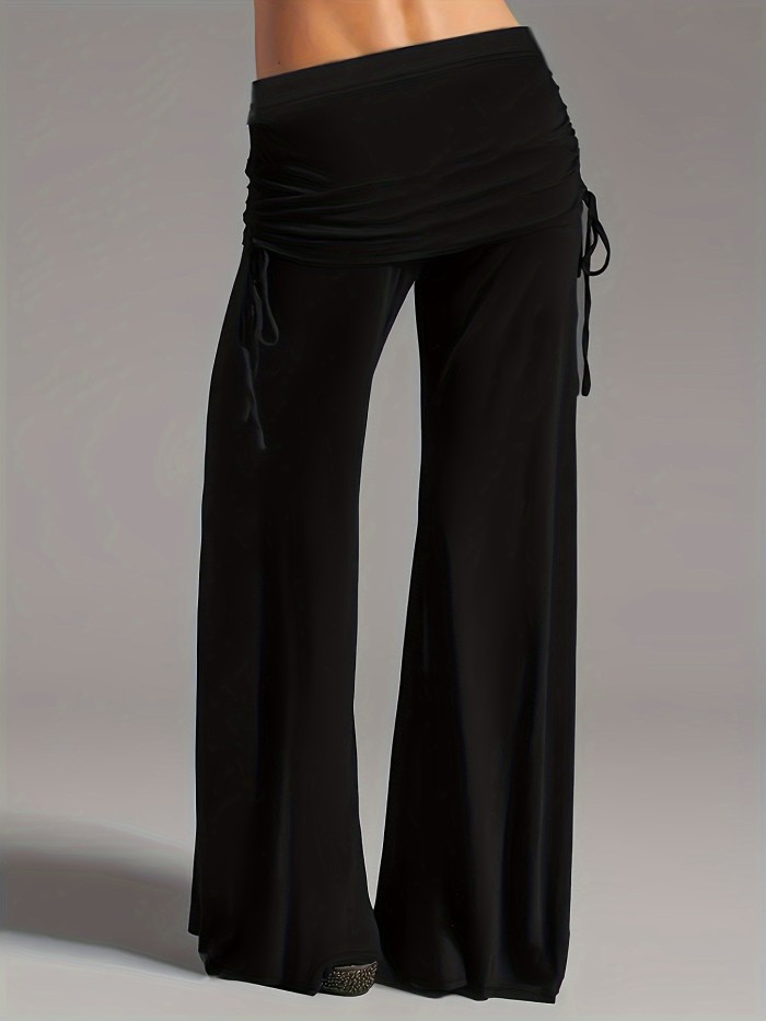 Women's Soft Polyester High-Waisted Wide Leg Pants - Black, Relaxed Fit, Drawstring, Machine Washable for All-Season Comfort