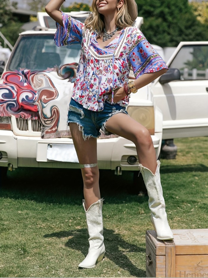 Women's Summer Floral Print V-Neck Blouse - Lightweight Machine-Washable Shirt with Vibrant Digital Flower Design for Beach Vacations & Casual Outings
