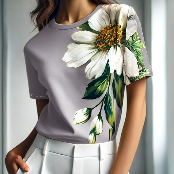 Spring And Summer Stylish Mom Commuting Vacation Floral Print Round Neck T-Shirt