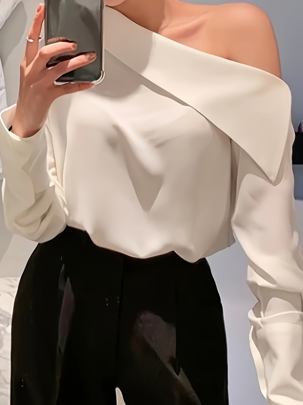 Elegant One Shoulder Long Sleeve Blouse, Polyester Solid Color Woven Shirting for Adult Women, All Season