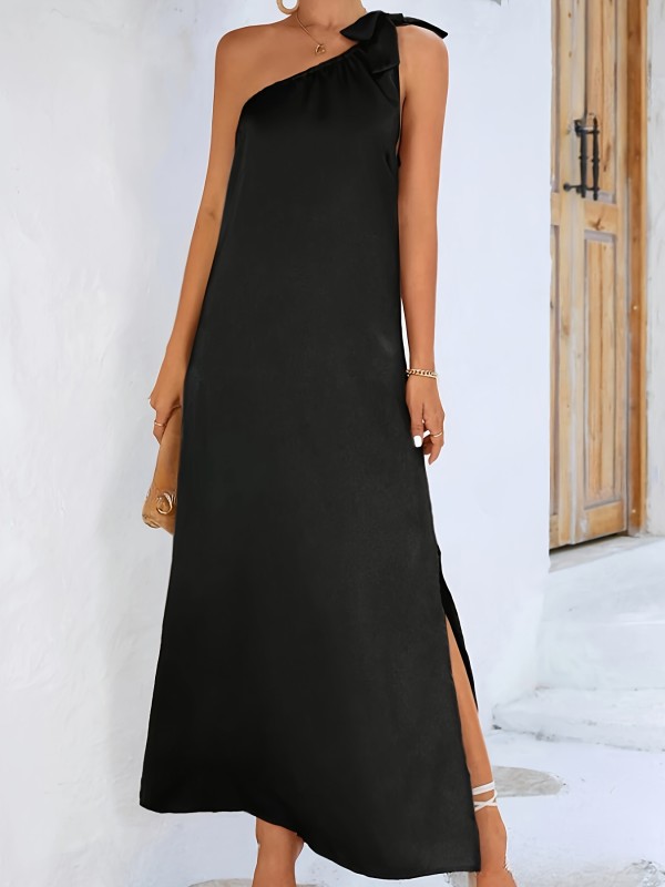 Split Hem One Shoulder Dress, Elegant Sleeveless Asymmetrical Dress For Spring & Summer, Women's Clothing