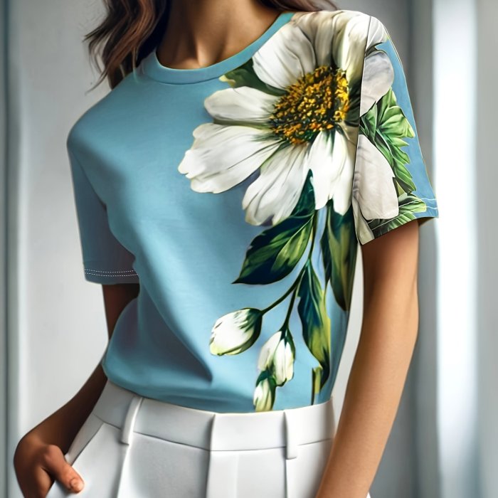 Spring And Summer Stylish Mom Commuting Vacation Floral Print Round Neck T-Shirt