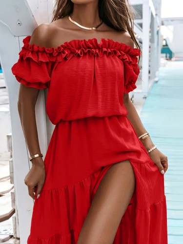Elegant Off-Shoulder Red Midi Dress with Ruffle Detail - A-Line Silhouette, Lightweight Polyester, Perfect for Spring\u002FSummer, Women'S Fashion, Casual Elegance | Offshoulder Dress | Lightweight Garment, Cute Dresses
