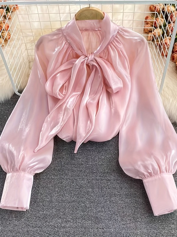 Elegant Bow Tie Long Sleeve Blouse for Women - Soft Pink Crew Neck Shirt with Flowy Hem, Perfect for Casual Outings