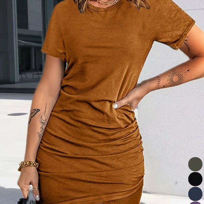 Purple Stretchy Casual - Women's Short Sleeve Round Neck Dress - Polyester Blend, Ruched Detail, Machine Washable, Perfect for Spring\u002FSummer, Versatile Fashion|Bodycon Silhouette|Detailed Ruched Waist