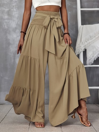 Women's Elegant Wide-Leg Pants with Tie Waist - High Rise, Flowing Design, Solid Beige Color, Polyester Fabric, Machine Washable, All-Season Comfort