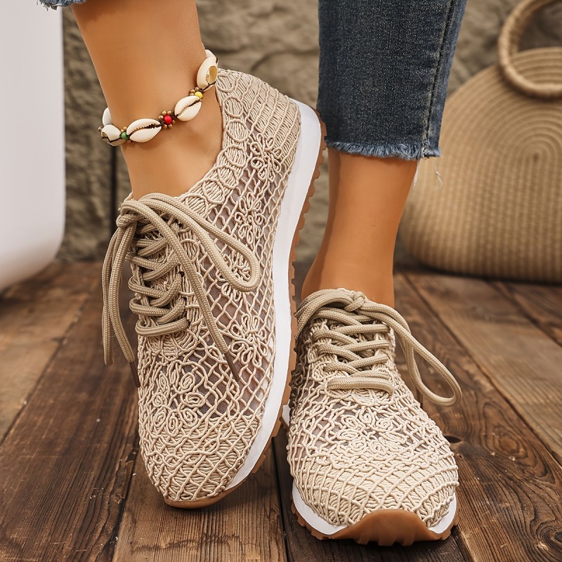 Summer Mesh Casual Shoes Breathable Summer Mesh Shoes - Women's Solid Color Lace-Up Casual Shoes with Rubber Sole, Net Fabric