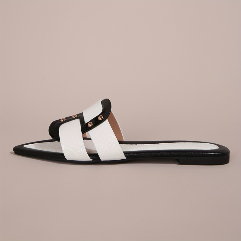 Summer Women's Flat Fashion Slippers - Outdoor Casual Sandals - Black and White Color Matching Pointed Elegant Design - For Women - Suitable for Summer, Beach, Vacation - Perfect Gift for Fashionable Women
