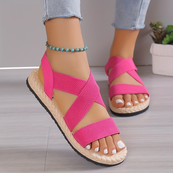 Women'S Casual Flat Heel Round Toe Ankle Strap Slip-on Sandals, Soft Sole, Lightweight, Summer Beach Shoes