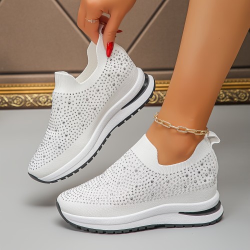 Rhinestone Wedge Sneakers Thick-Soled Wedge Sneakers - Breathable Women's Slip-On with Rhinestone Decoration