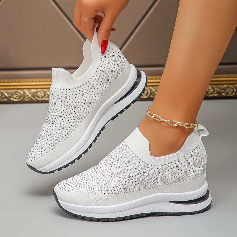 Rhinestone Wedge Sneakers Thick-Soled Wedge Sneakers - Breathable Women's Slip-On with Rhinestone Decoration