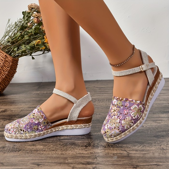 Women's Floral Espadrille Wedge Sandals - Breathable Summer Ankle Strap Shoes with Beige & Purple Floral Pattern, Closed Toe, and Comfortable PU Sole, Summer Footwear | Floral Wedge Sandals | Woven Fabric Upper, Strappy Sandals