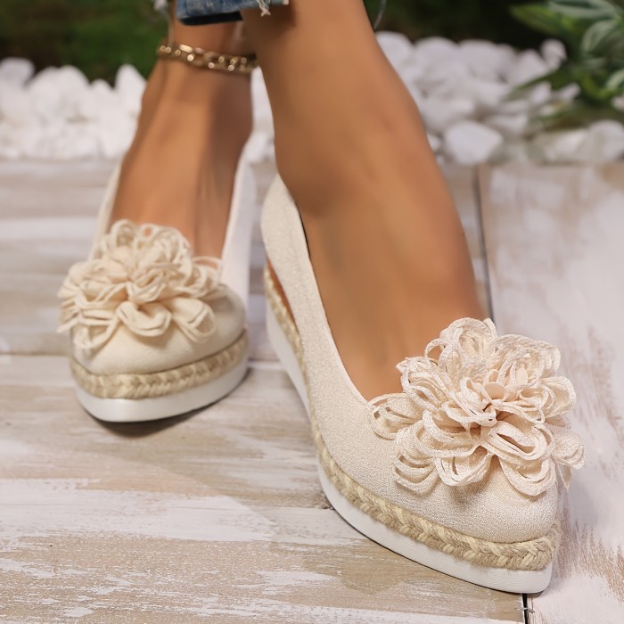Women's Beige Espadrille Wedge Shoes with Floral Accent - Non-Slip, Lightweight PU Sole, Comfortable PVC Inner Lining, Fashionable Pointed Toe Design, Cute Shoes