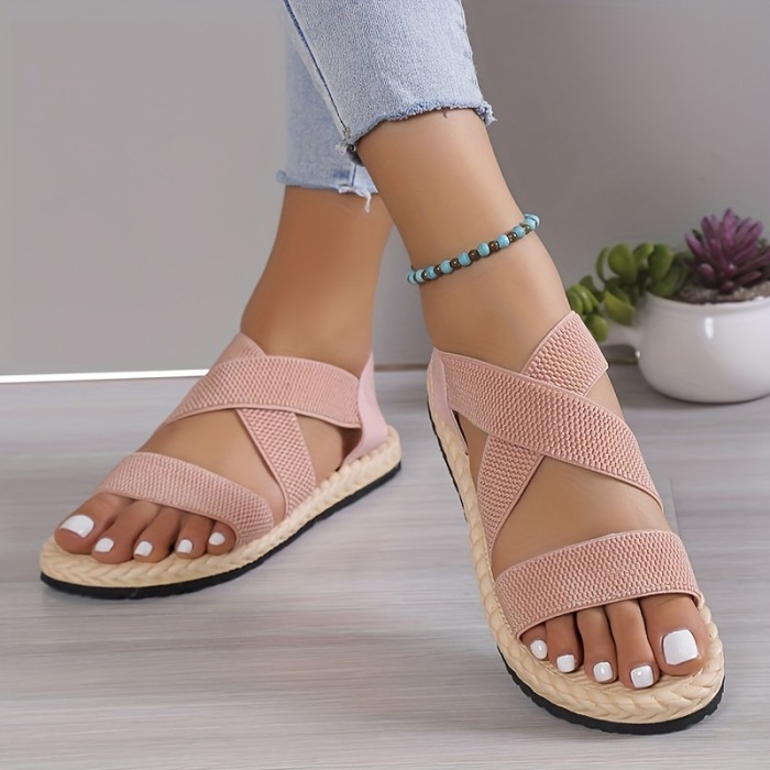 Women'S Casual Flat Heel Round Toe Ankle Strap Slip-on Sandals, Soft Sole, Lightweight, Summer Beach Shoes