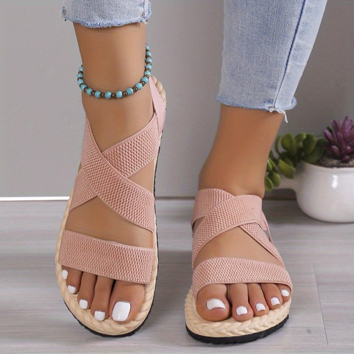 Women'S Casual Flat Heel Round Toe Ankle Strap Slip-on Sandals, Soft Sole, Lightweight, Summer Beach Shoes