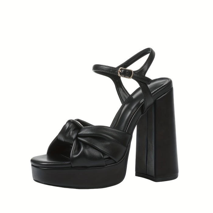 Women Bow High Heeled Sandals Chunky Heeled Wedding Shoes Open Toe Ankle Buckle Strap Sandals